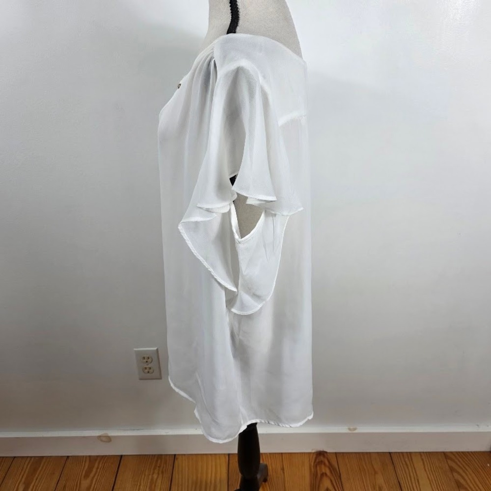 Sara Michelle Blouse Womens 2X White Flutter Sleeve Summer Office Top Elegant - Picture 3 of 7
